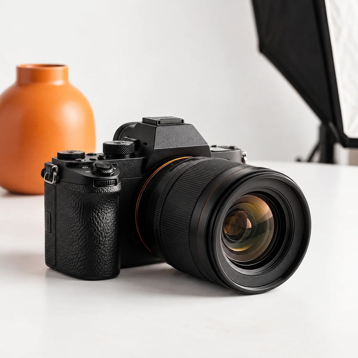 Fotocamera professionale su un set still life con vaso arancione e softbox.
