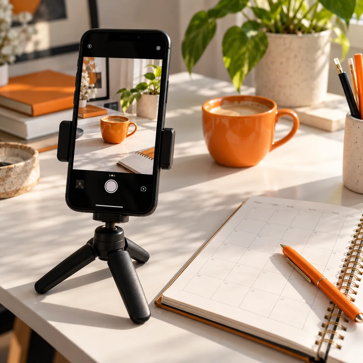Smartphone su treppiede che inquadra una tazza arancione, accanto a un calendario editoriale.